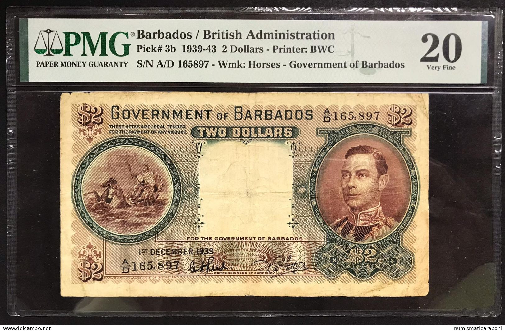 Barbados British Administration Government Of Barbados 2 Dollars 01 12 1939 Pick#3b In Slab PMG Very Fine 20 Barbados.02 - Barbades