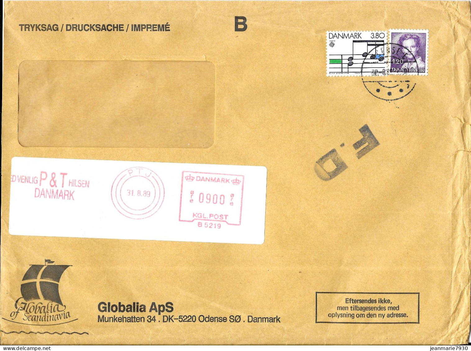M164 - DANEMARK - LETTRE DU 31/08/89 - CACHET FD - ARRIVEE ALGRANGE LE 04/09/89 - GLOBALIA APS ODENSE - Storia Postale
