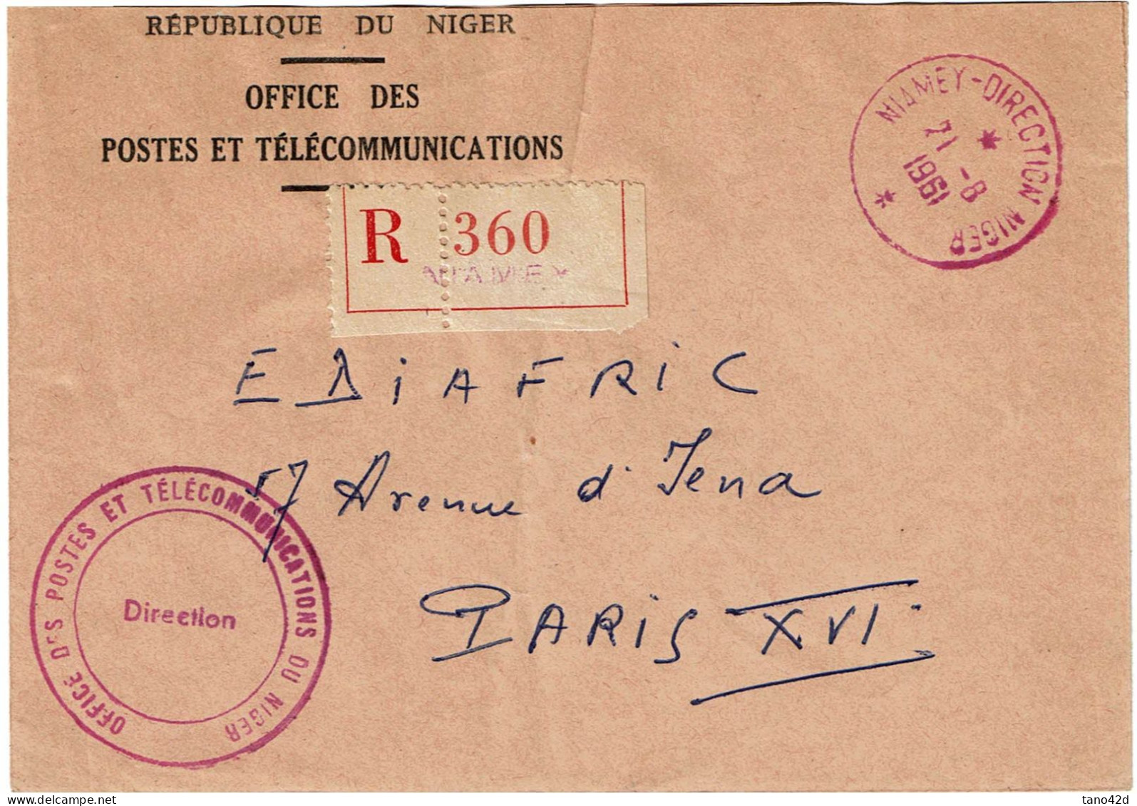 PP15 - NIGER LETTRE DE SERVICE RECOMMANDEE  NIAMEY / PARIS 21/8/1961 - Niger (1960-...)