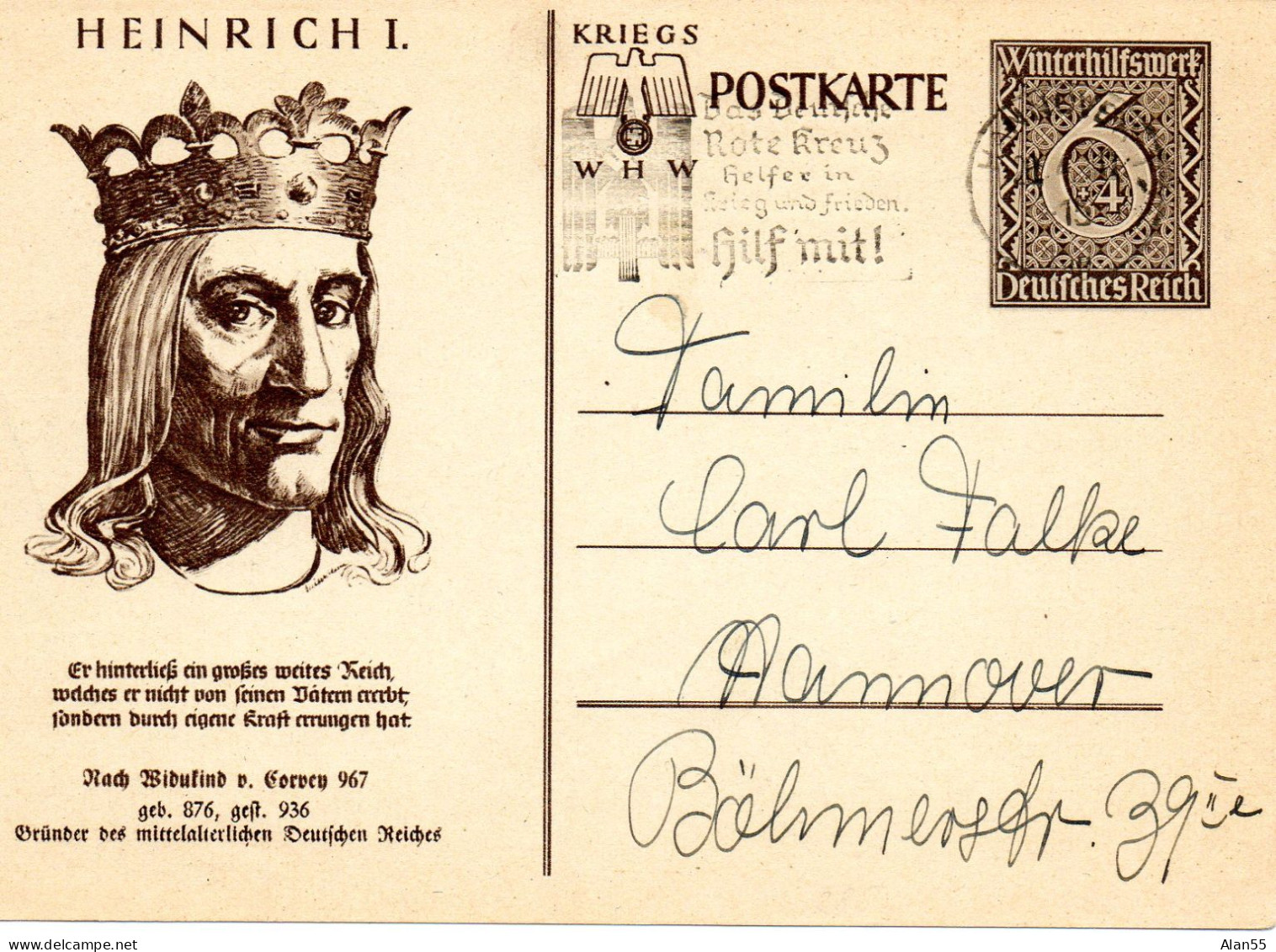 ALLEMAGNE. 1940. »HEINRICH I ". ROTE KREUZ" .ENTIER POSTAL OBLITERE. - Croix-Rouge