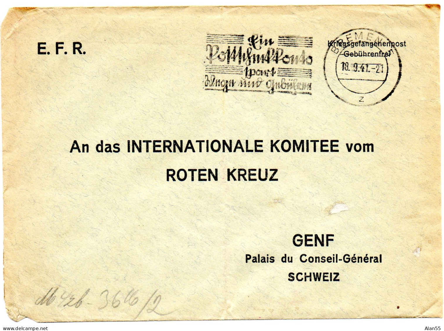 ALLEMAGNE.1941.EFR. »BREMEN 5 ». CENSURE. FRANCHISE MILITAIRE.ROTEN KREUZ. CROIX-ROUGE. - 2. Weltkrieg