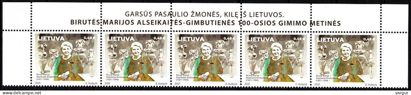 LITHUANIA 2021-02 Science Archaeology: Alseikaite-Gimbutiene - 100. Top Strip, MNH - Femmes Célèbres