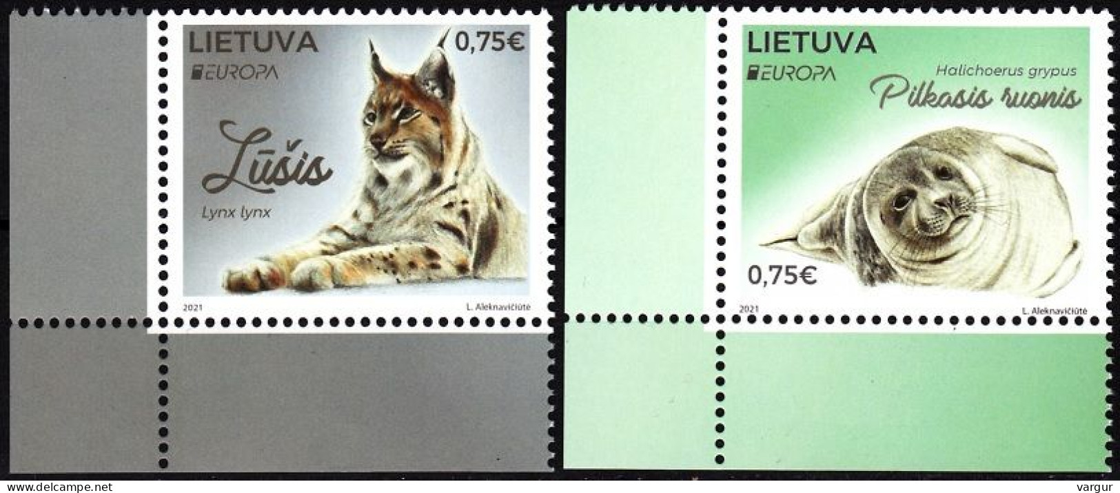 LITHUANIA 2021-06 EUROPA: Endangered Fauna. Lynx, Seal. CORNER, MNH - 2021