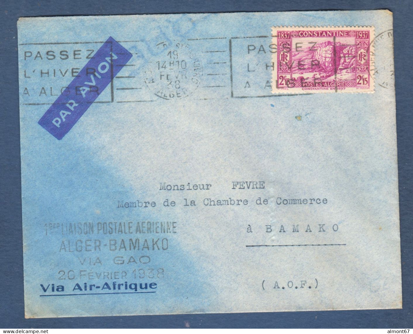 1ere Liaison Postale Aérienne ALGER  BAMAKO  VIA  GAO  1938 - Luftpost