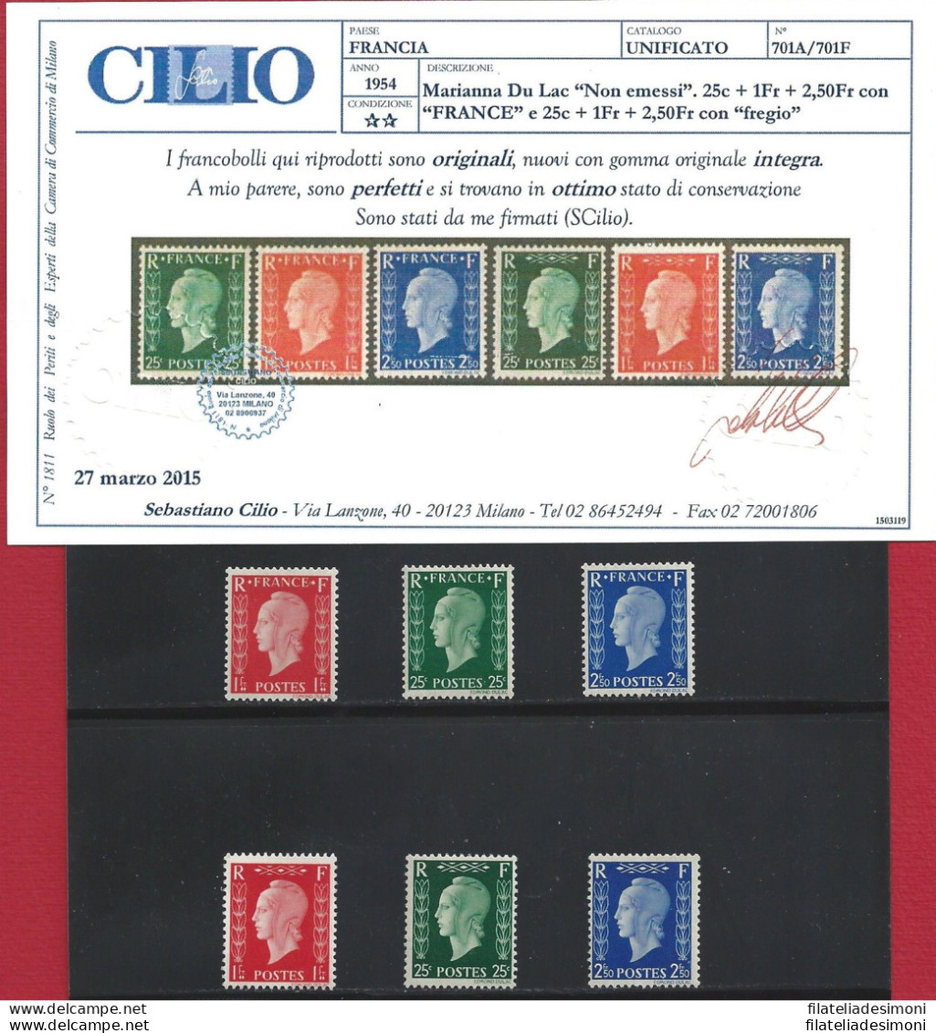 1945 FRANCIA, N 701A-F  Non Emessi  MNH**  Certificato Cilio - Other & Unclassified