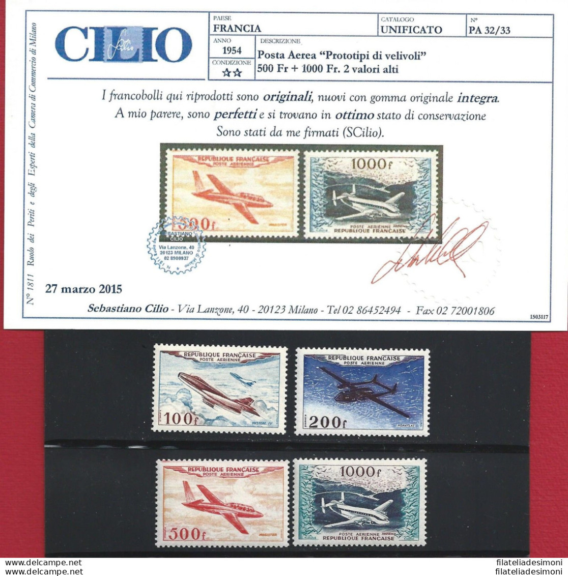 1954 FRANCIA, Posta Aerea N. 30/33 - MNH**  Certificato Cilio - Other & Unclassified