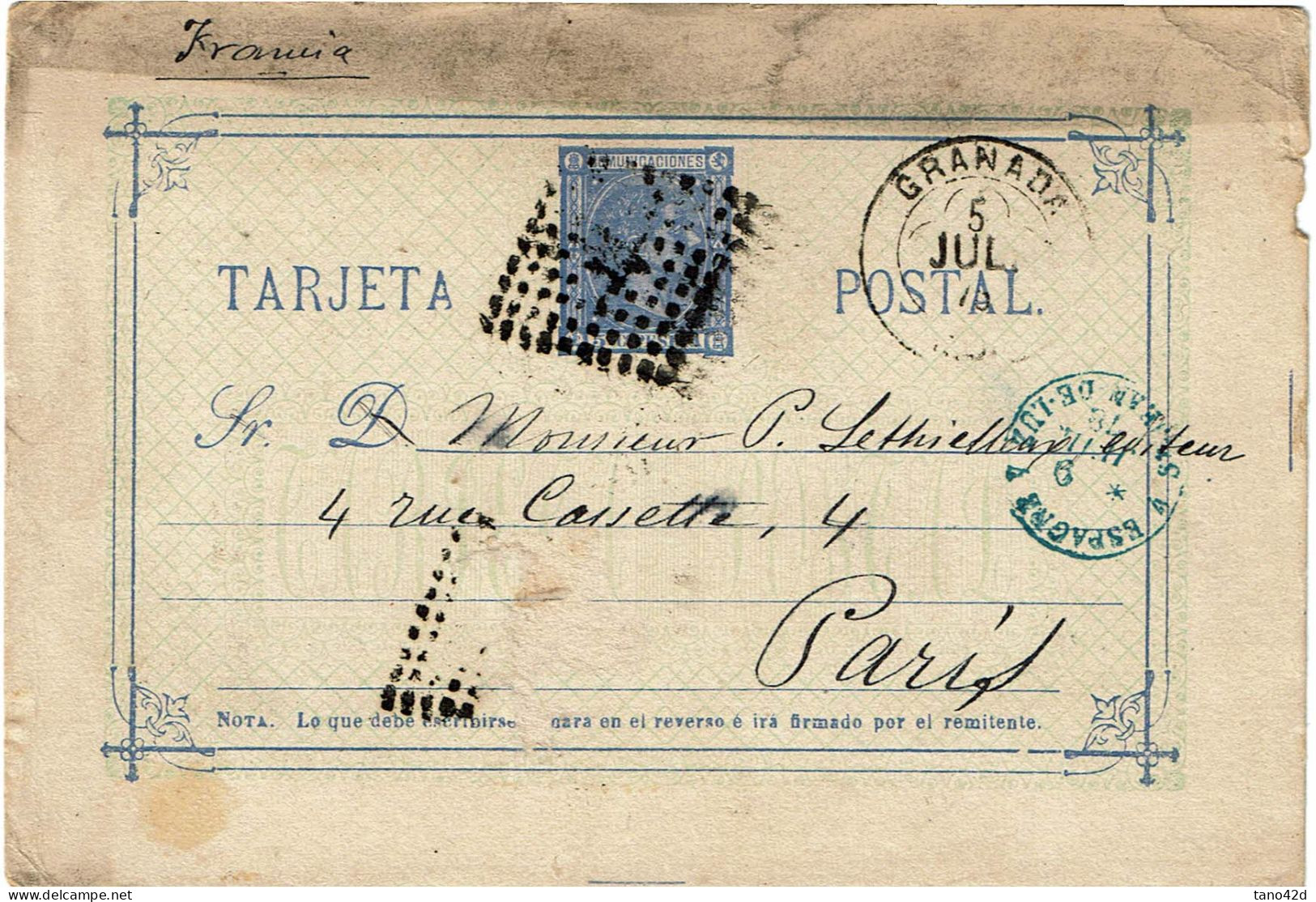 PP15 - ESPAGNE EP CP GRANADA / PARIS 5/7/1878 - 1850-1931