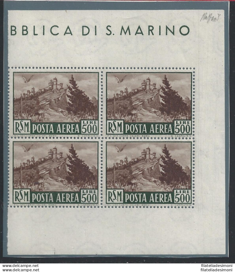 1951 SAN MARINO Veduta PA 97 Lire 500 Bruno MNH** Firma Caffaz QUARTINA - Andere & Zonder Classificatie