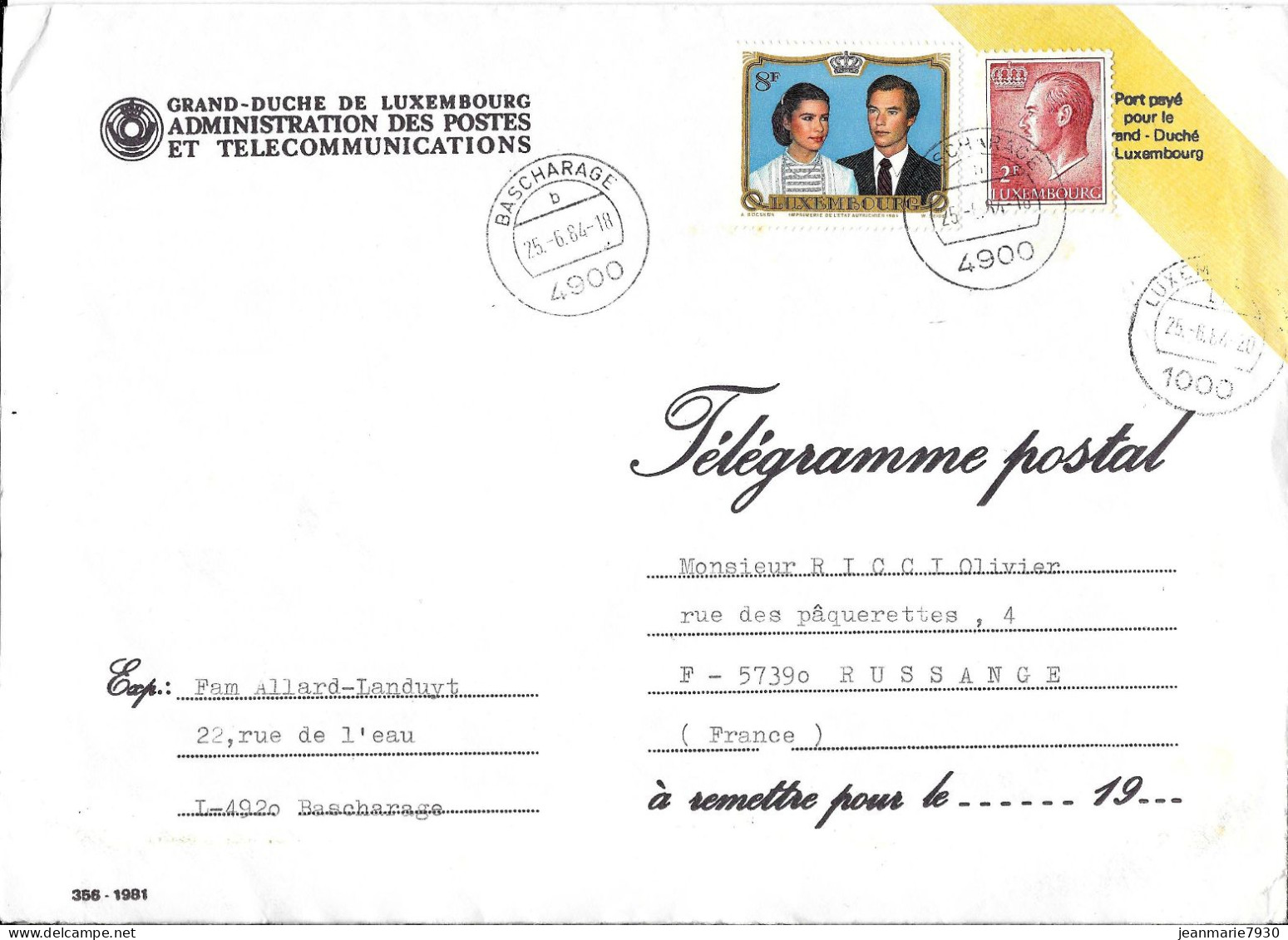 M162 - LUXEMBOURG - LETTRE DE BASCHARAGE DU 25/06/84 POUR RUSSANGE - CACHET AUDUN LE TICHE DU 27/06/84 - Briefe U. Dokumente