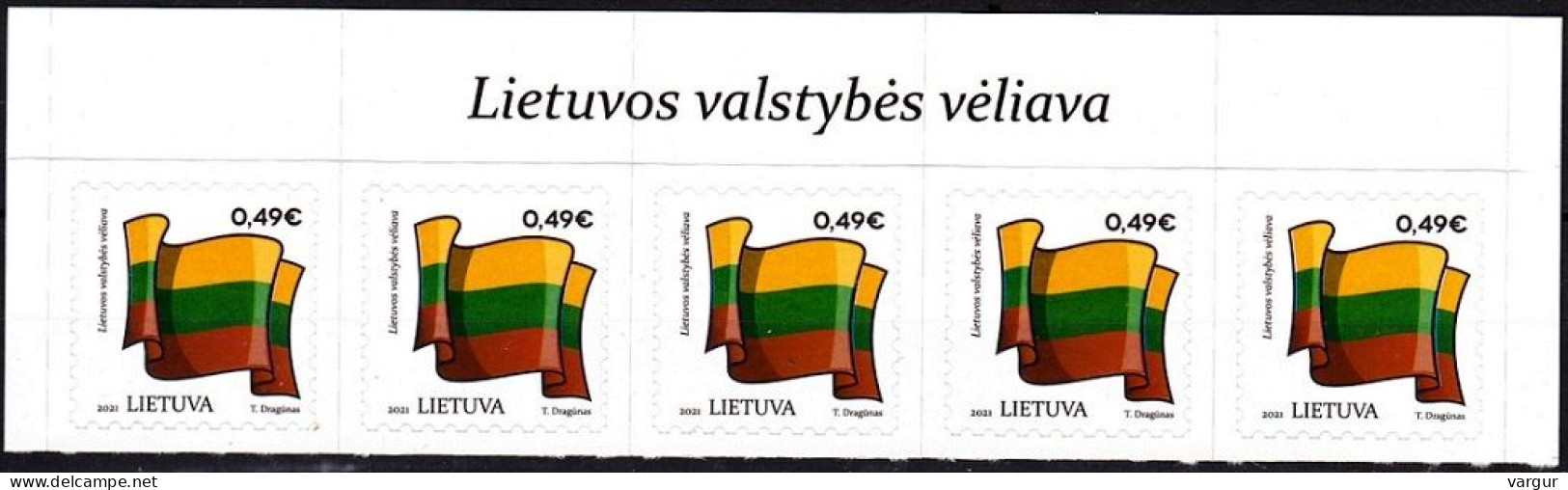 LITHUANIA 2021-12 Definitive: Flag, 49c Re-print With New Date. Top STRIP, MINT Adhesive - Briefmarken