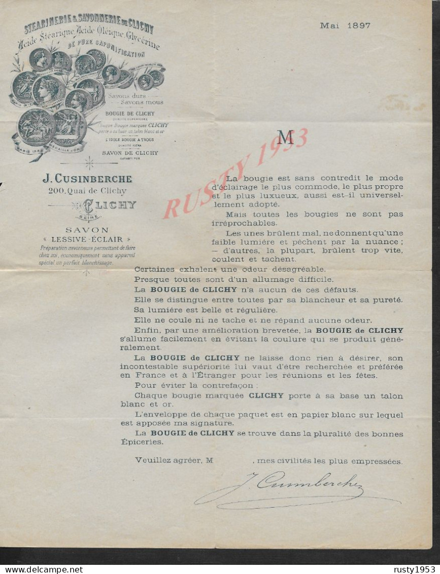 LETTRE COMMERCIALE ILLUSTRÉE DE 1897 SUR TIMBRE DE J CUSINBERCHE À CLICHY SAVON LESSIVE ECLAIR & BOUGIE : - 1800 – 1899