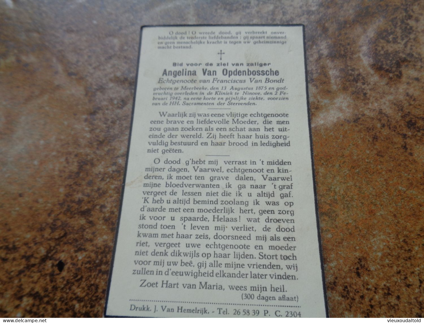 --Doodsprentje/Bidprentje  Angelina Van Opdenbossche  Meerbeeke 1875-1942 Ninove  (Echtg Franciscus Van Bondt) - Religión & Esoterismo