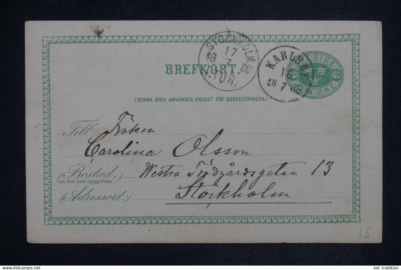 SUEDE - Entier Intérieur De Karlsby Pour Stockholm - 1888 - A 2863 - Postal Stationery