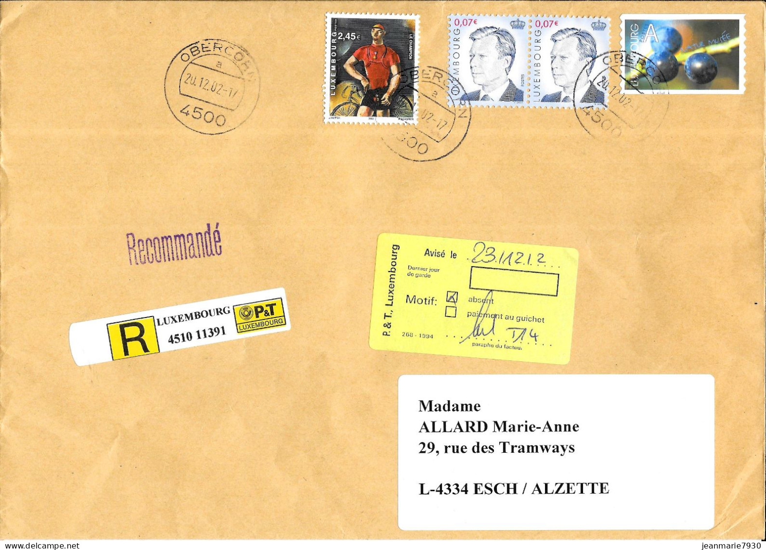 M161 - LUXEMBOURG - LETTRE RECOMMANDEE DE OBERCORN DU 20/12/02 POUR ESCH SUR ALZETTE - Lettres & Documents