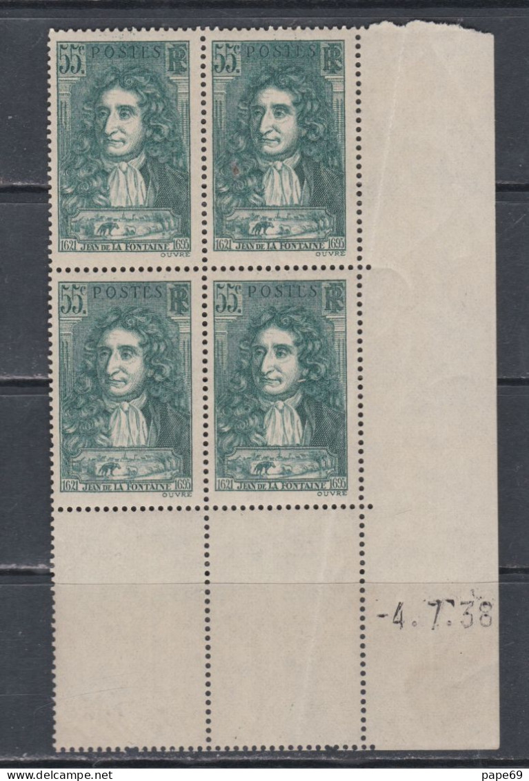 France N° 397 XX :Jean De La Fontaine  En Bloc De 4 Coin Daté Du 4 . 7 . 38 ;  Sans Charnière TB - 1930-1939