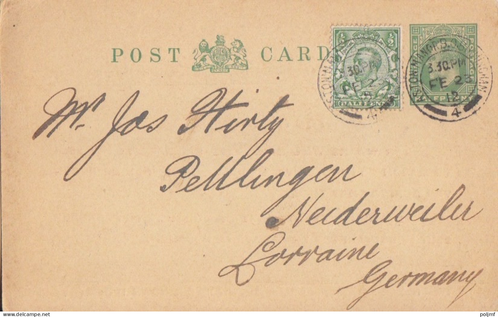 CP Entier Half Penny Vert "Edouard VII" Obl. Aston Manor Birmingham Le 23 FE 12 Pour Niederviller + 1/2 Vert N° 131 - Material Postal