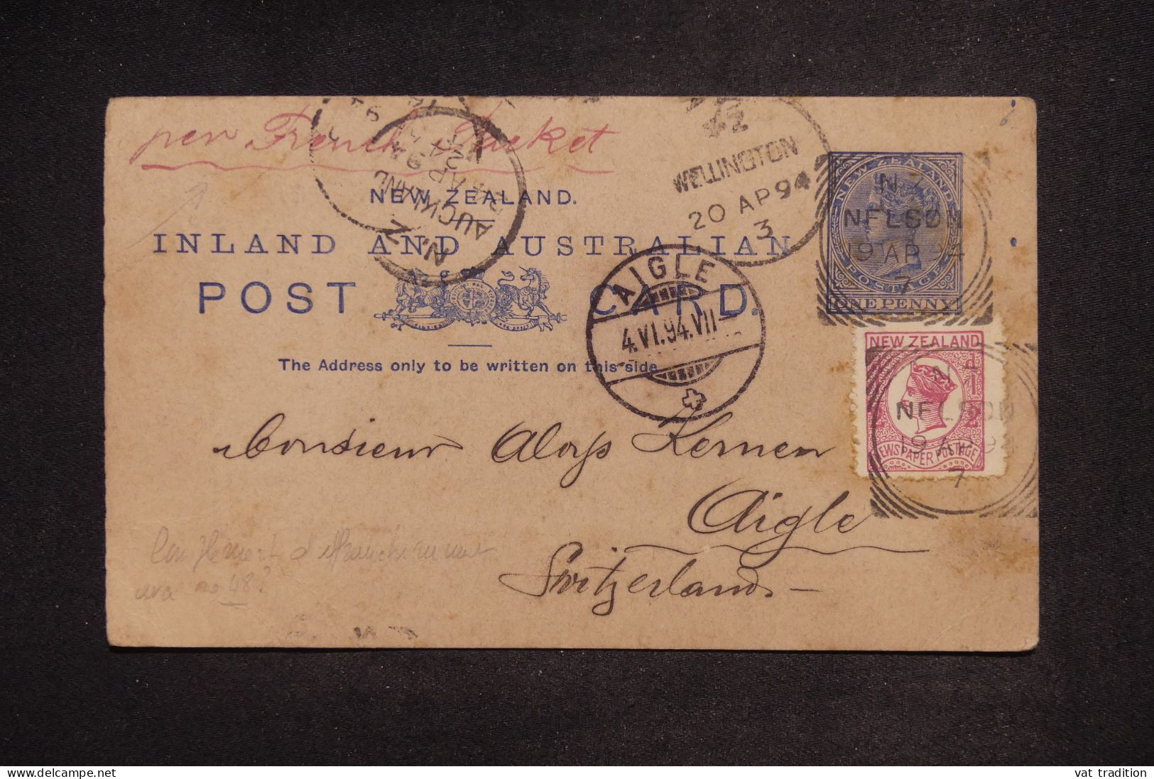 NOUVELLE ZELANDE - Entier Avec Complément > La Suisse - 1894 - A 2867 - Interi Postali