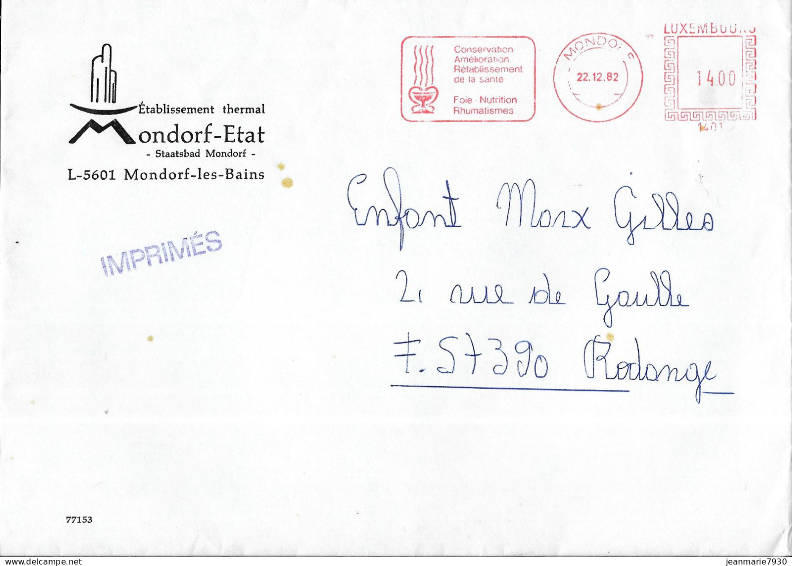 M158 - LUXEMBOURG - LETTRE DE MONDORF DU 22/12/82 - ETABLISSEMENT THERMAL MONDORF ETAT - IMPRIMES - Frankeermachines (EMA)