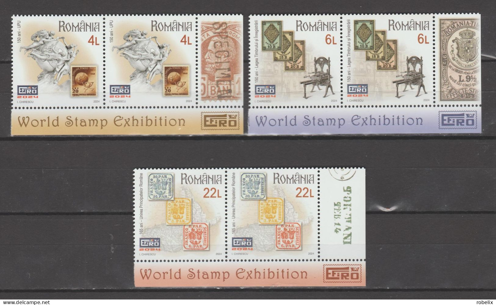 ROMANIA 2024 EFIRO - WORLD STAMP EXHIBITION IN BUCHAREST 2 Sets Of 3 Stamps With Inscribed Border  MNH** - Expositions Philatéliques