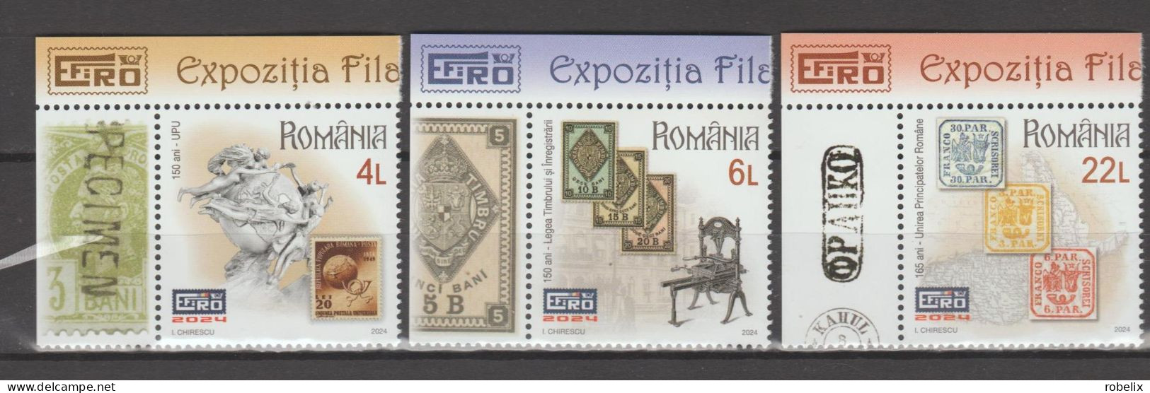 ROMANIA 2024 EFIRO - WORLD STAMP EXHIBITION IN BUCHAREST Set Of 3 Stamps With Tabs  MNH** - Expositions Philatéliques