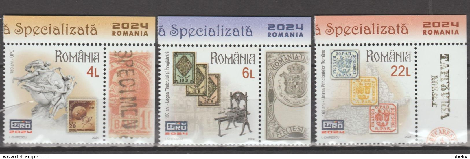 ROMANIA 2024 EFIRO - WORLD STAMP EXHIBITION IN BUCHAREST Set Of 3 Stamps With Tabs  MNH** - Esposizioni Filateliche