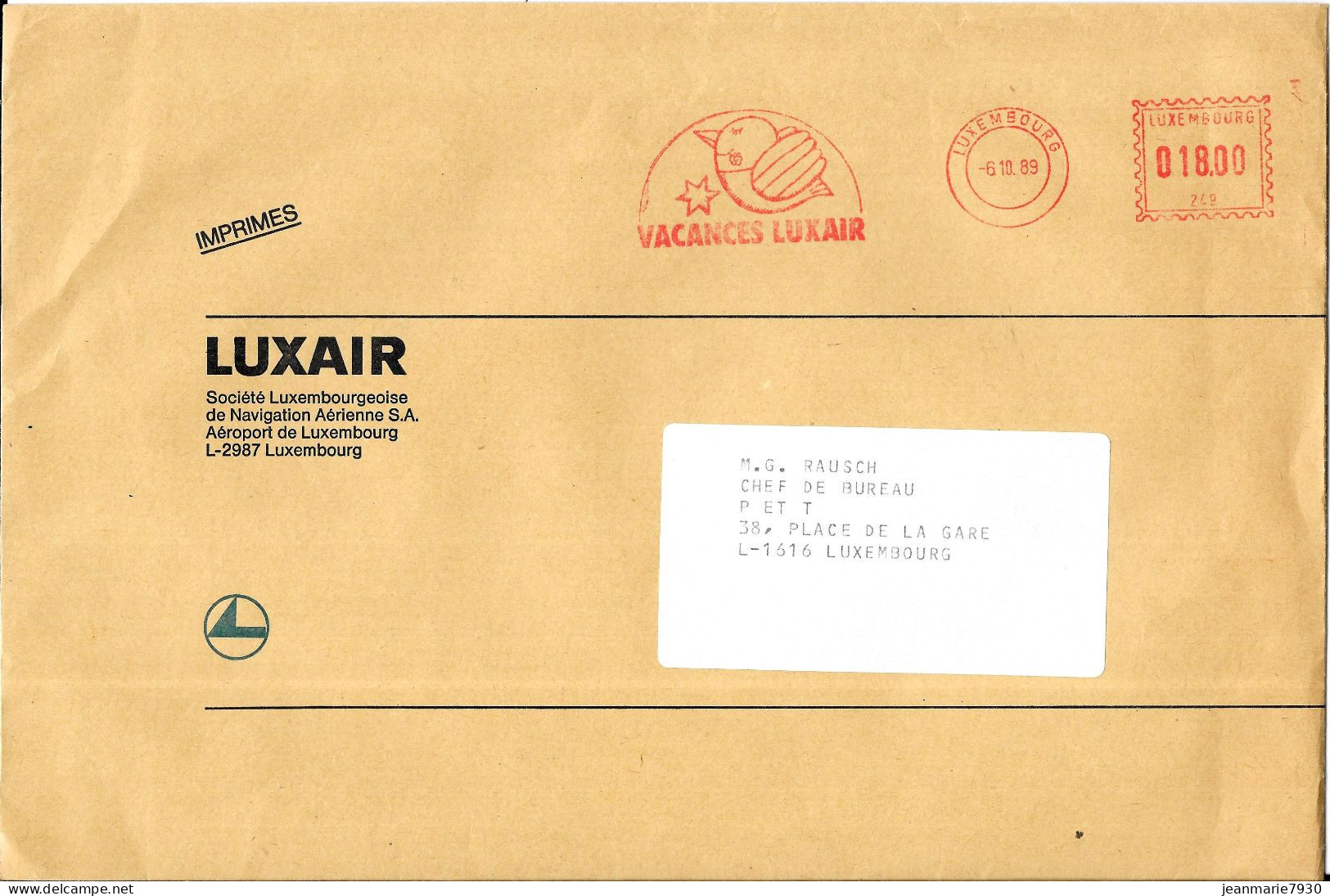 M156 - LUXEMBOURG - LETTRE DE LUXEMBOURG DU 06/10/89 - VACANCES LUXAIR - IMPRIMES - Máquinas Franqueo (EMA)