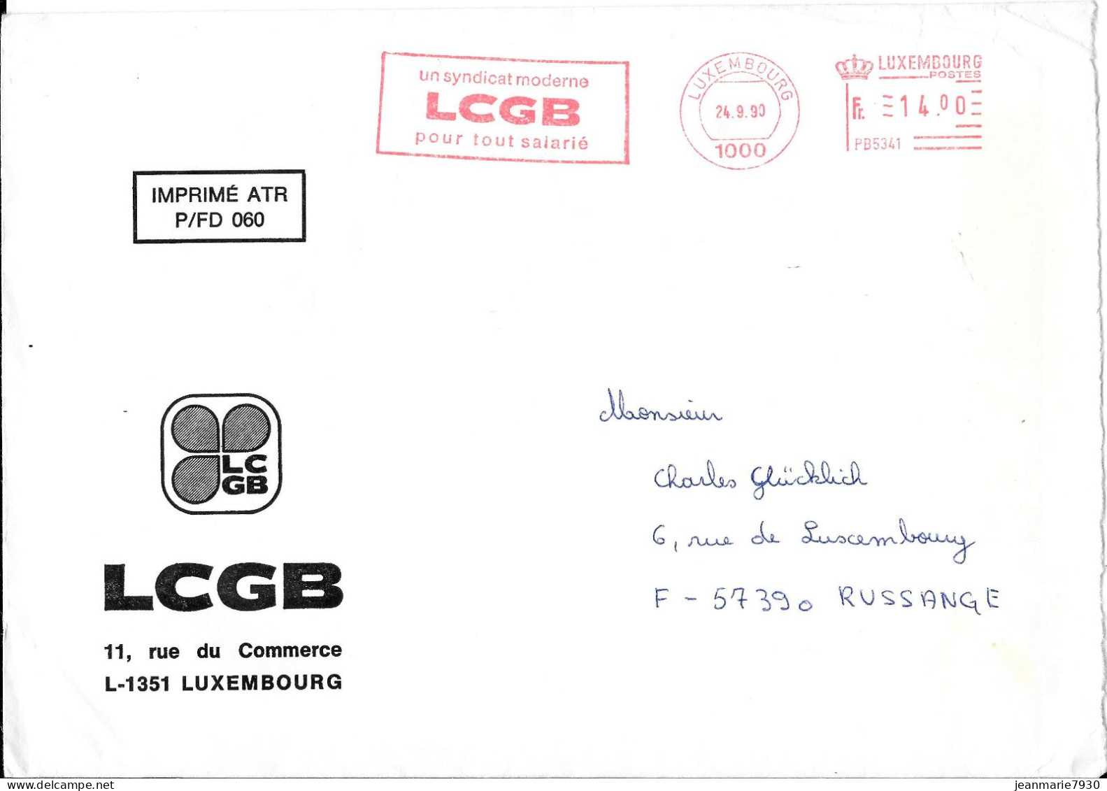 M155 - LUXEMBOURG - LETTRE DE LUXEMBOURG DU 24/09/90 - SYNDICAT LCGB - Macchine Per Obliterare (EMA)