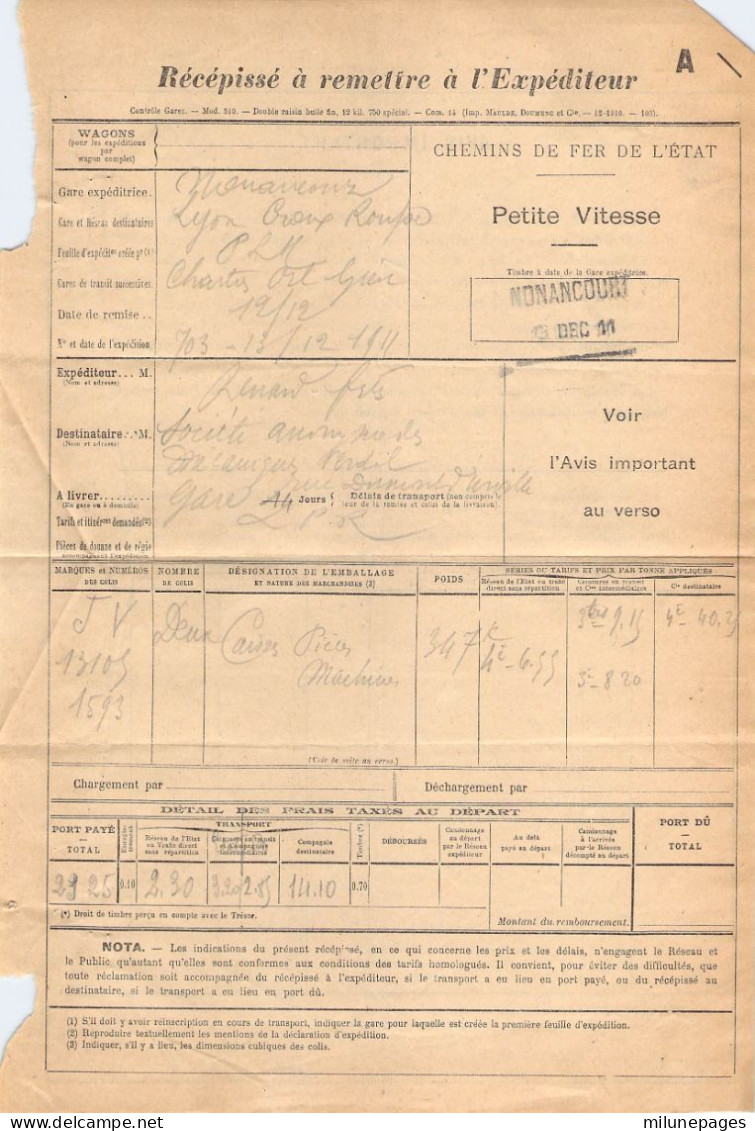 Récepissé Expéditeur Pour 2 Caisses En Petite Vitesse Par Les Chemins De Fer De L'Etat Nonancourt 1911 - Autres & Non Classés