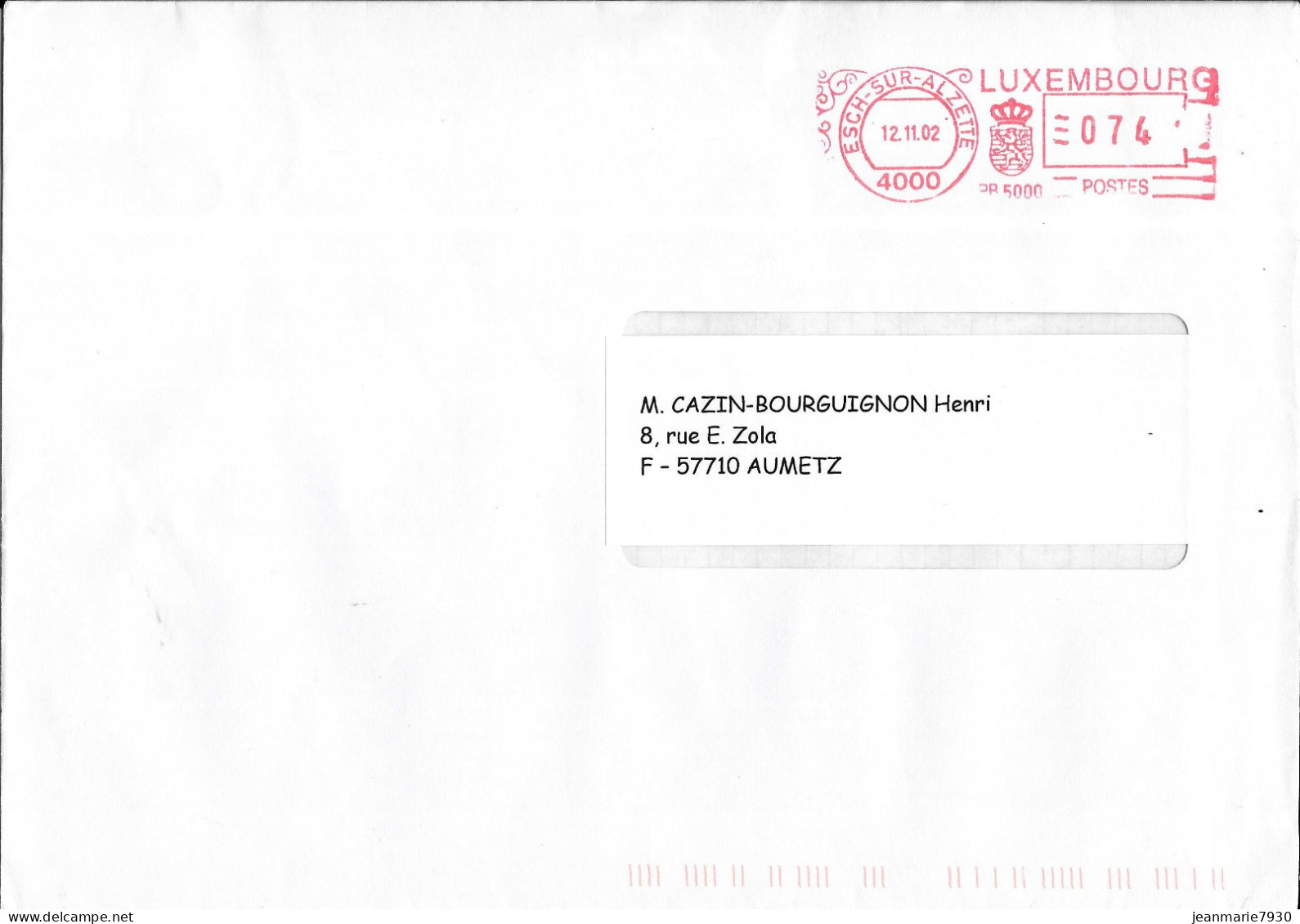 M154 - LUXEMBOURG - LETTRE DE ESCH SUR ALZETTE DU 12/11/02 - ARBED - Frankeermachines (EMA)