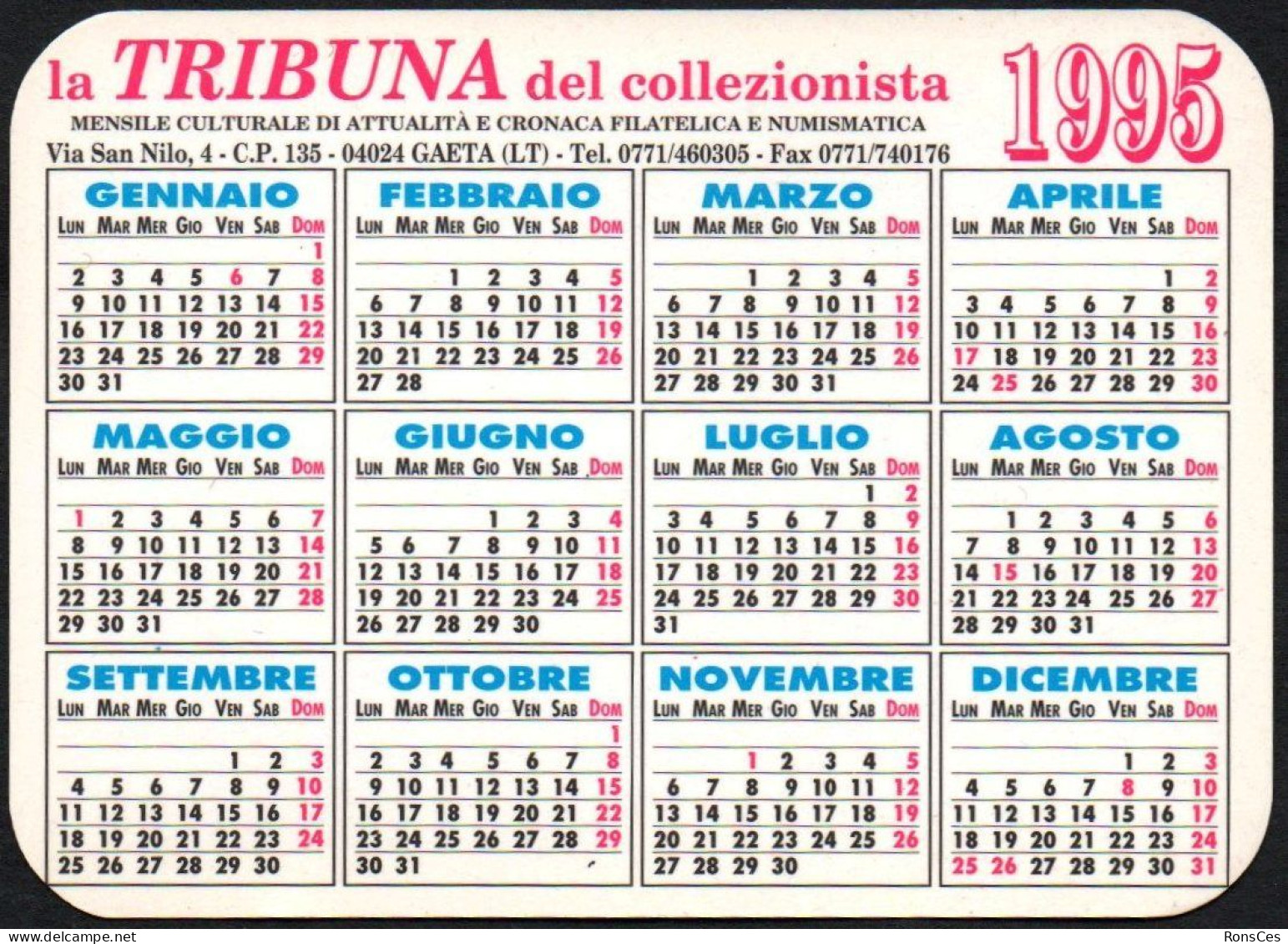 ITALIA 1995 - CALENDARIO TASCABILE - LA TRIBUNA DEL COLLEZIONISTA - BUON NATALE - I - Tamaño Pequeño : 1991-00