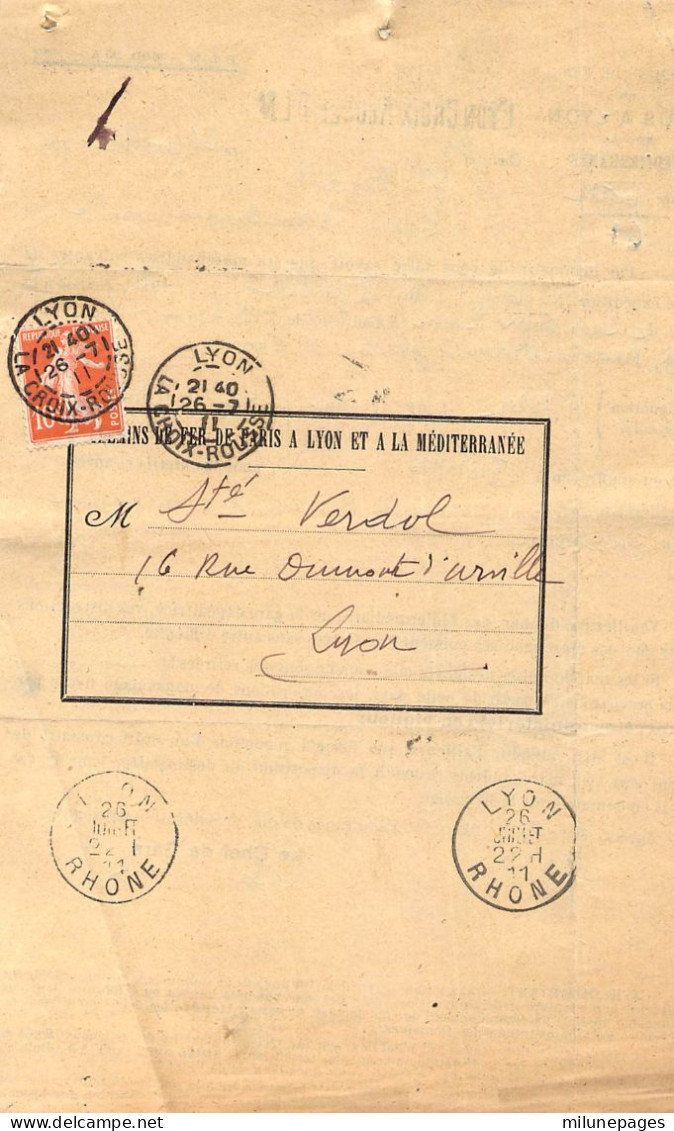 Avis De Colis En Souffrance Lyon Croix-Rousse Chemins De Fer Du PLM Cachet Linéaire 1911 Pli Affranchi - Chemin De Fer