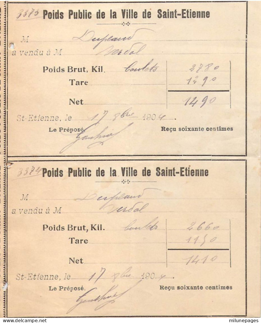 Lot 2 Récépissés De Poids Public De La Ville De St Etienne Loire Pour Des Boulets De Charbon En 1904 - Tickets - Vouchers