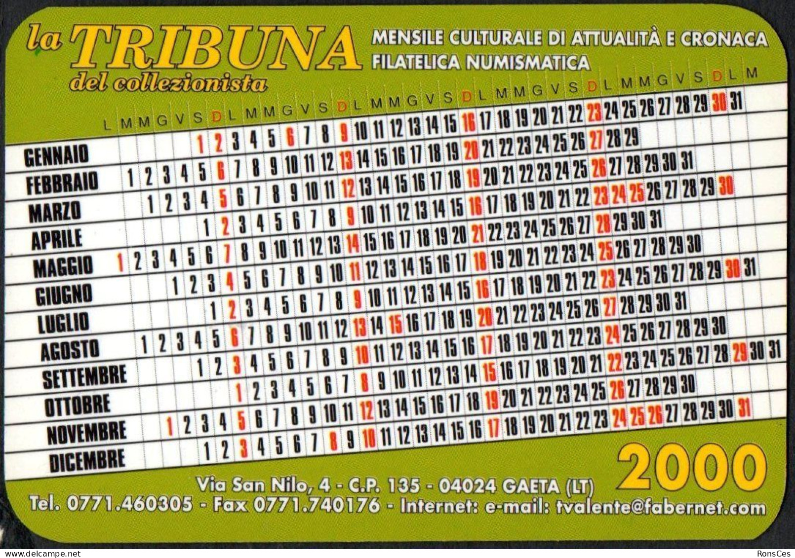 ITALIA 2000 - CALENDARIO TASCABILE - LA TRIBUNA DEL COLLEZIONISTA - BUON NATALE 1999 E FELICE 2000 - I - Small : 1991-00