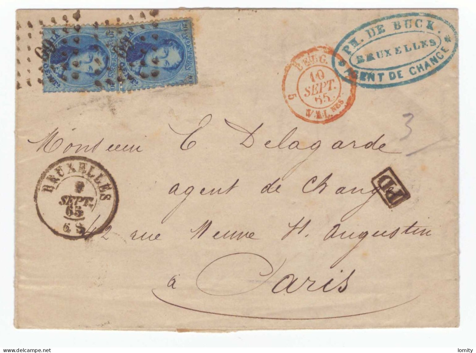 Belgique Lettre De 1865 Avec 2 Timbres Ph. De Buck Agent De Change 47 Rue Royale Bruxelles Pour Paris - 1863-1864 Medaillons (13/16)