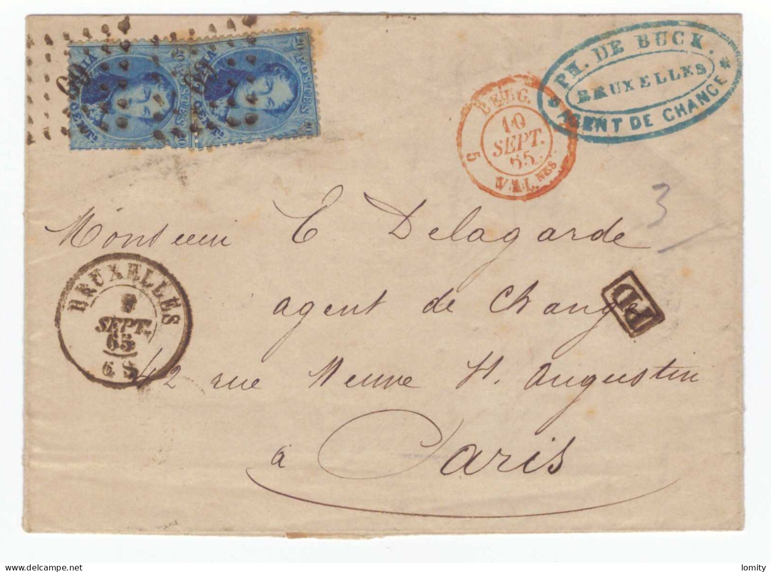 Belgique Lettre De 1865 Avec 2 Timbres Ph. De Buck Agent De Change 47 Rue Royale Bruxelles Pour Paris - 1863-1864 Medallions (13/16)
