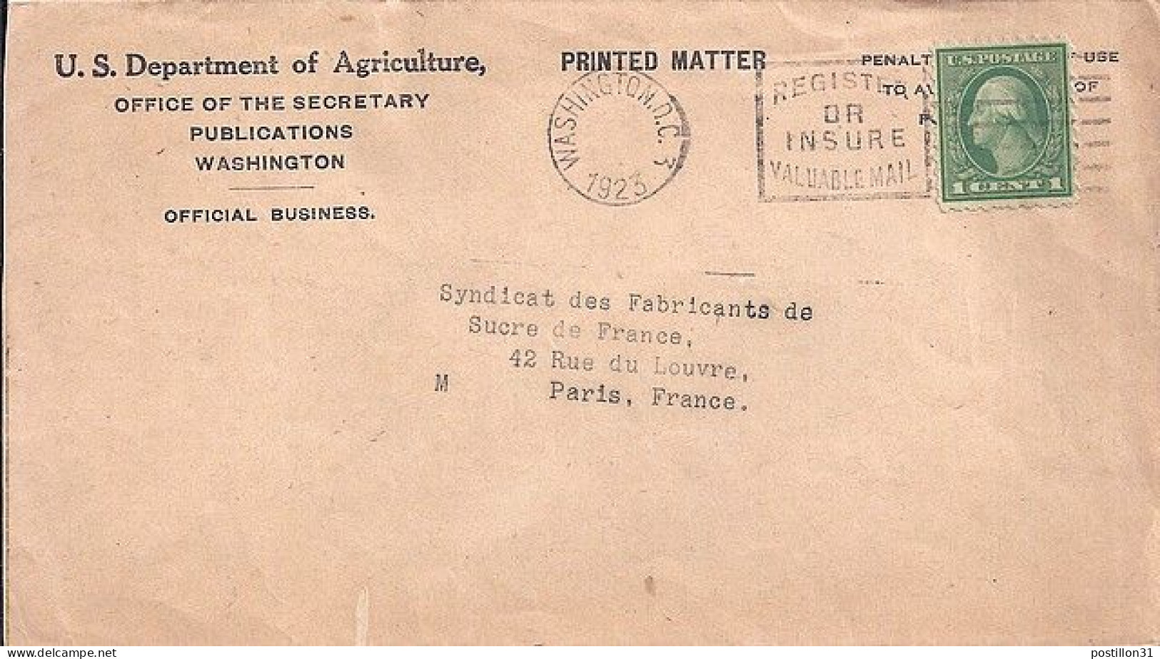 USA N° 182 S/L. DE WASHINGTON/1923  POUR LA FRANCE - Cartas & Documentos