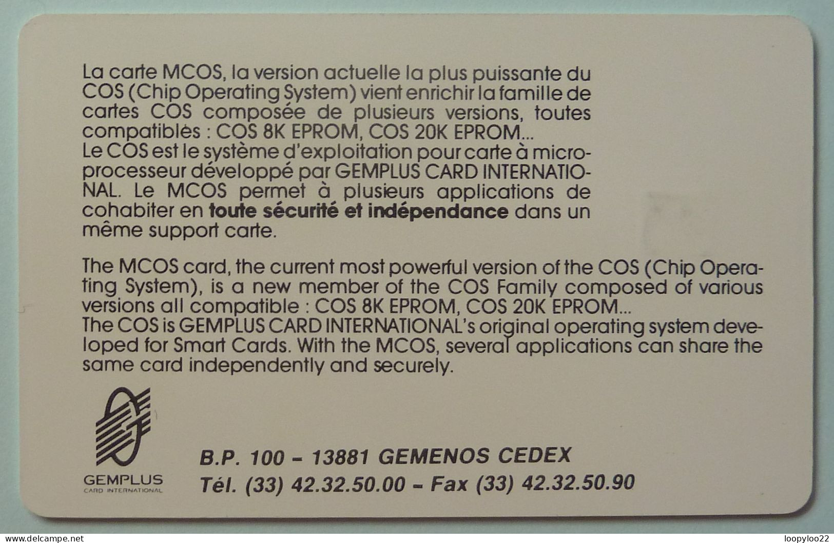 FRANCE - Chip - Gemplus Smartcard Demo - COS - 600 Agences