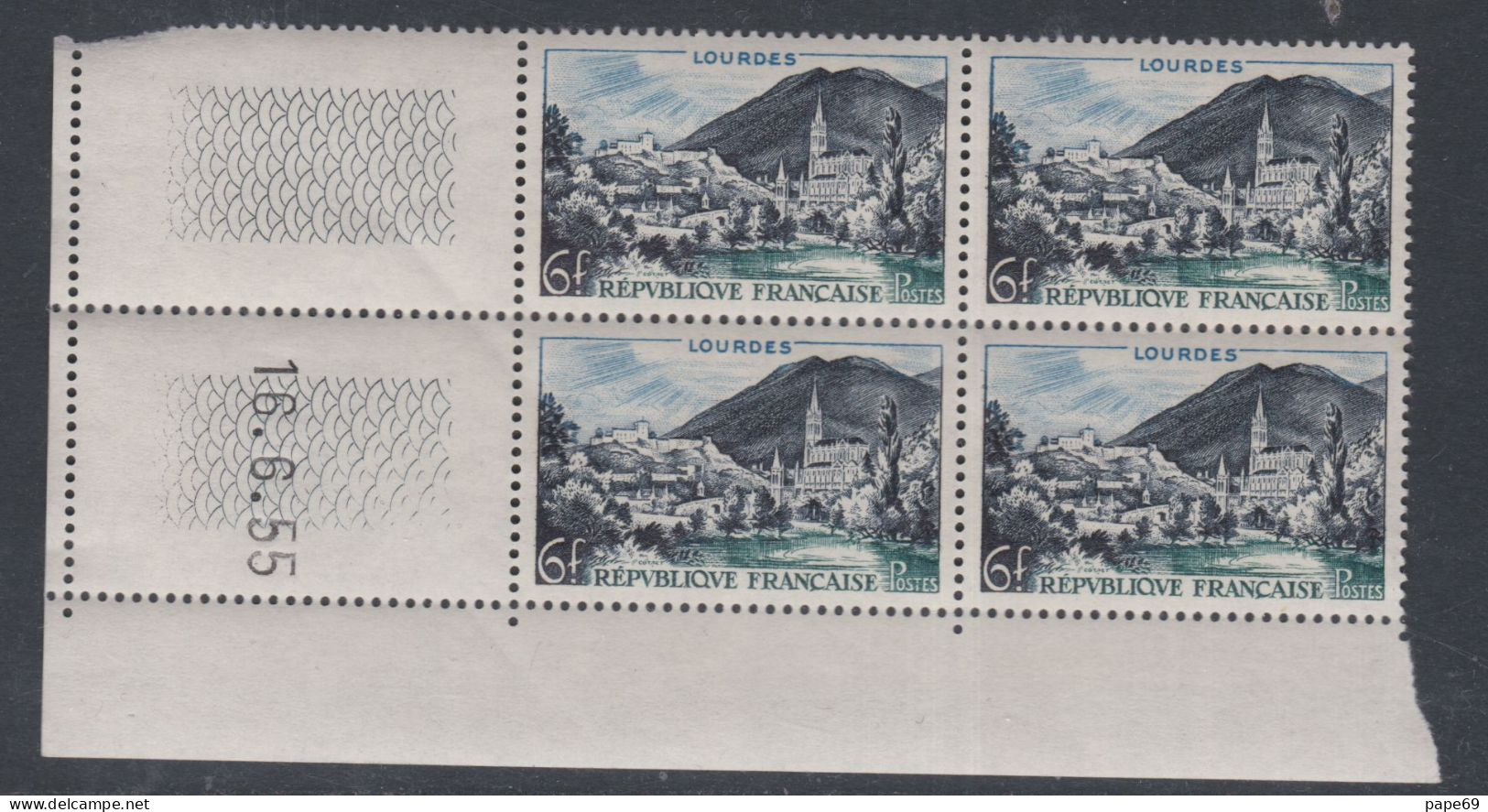 France N° 976 XX Lourdes En Bloc De 4 Coin Daté Du 16 . 6 . 54 ; Sans Trait Sans Charnière, TB - 1950-1959