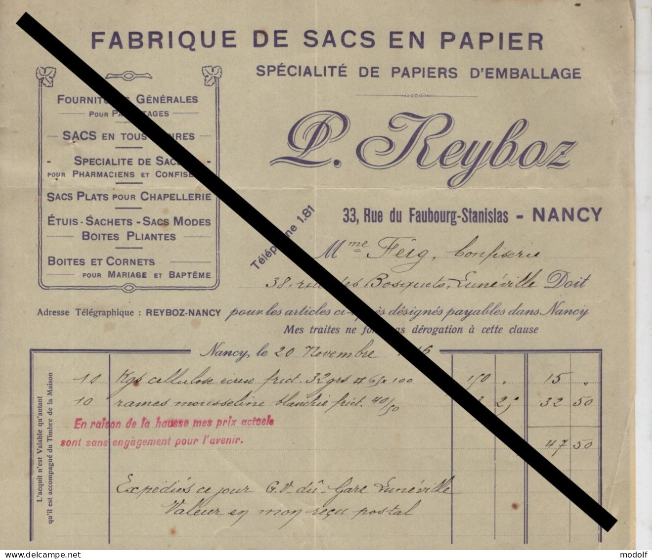 Facture - Fabrique De Sacs En Papier - Reyboz - Nancy - 1916 - 1900 – 1949