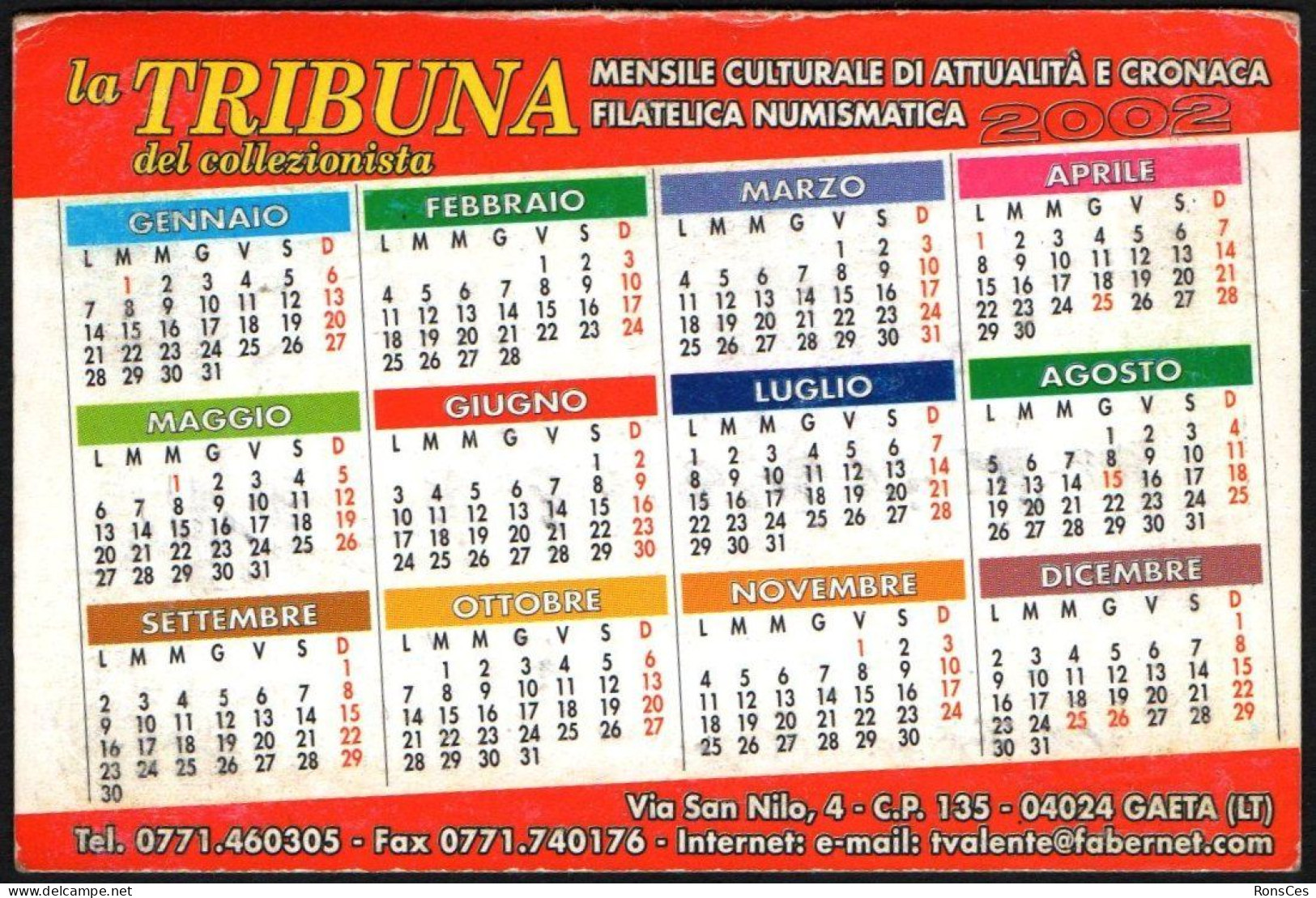 ITALIA 2002 - CALENDARIO TASCABILE - LA TRIBUNA DEL COLLEZIONISTA - L'ANNO DELL'EURO - I - Formato Piccolo : 2001-...