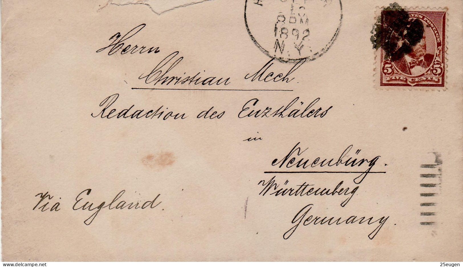 UNITED STATES 1892 LETTER SENT FROM NEW YORK TO NEUNBUERG - Cartas & Documentos