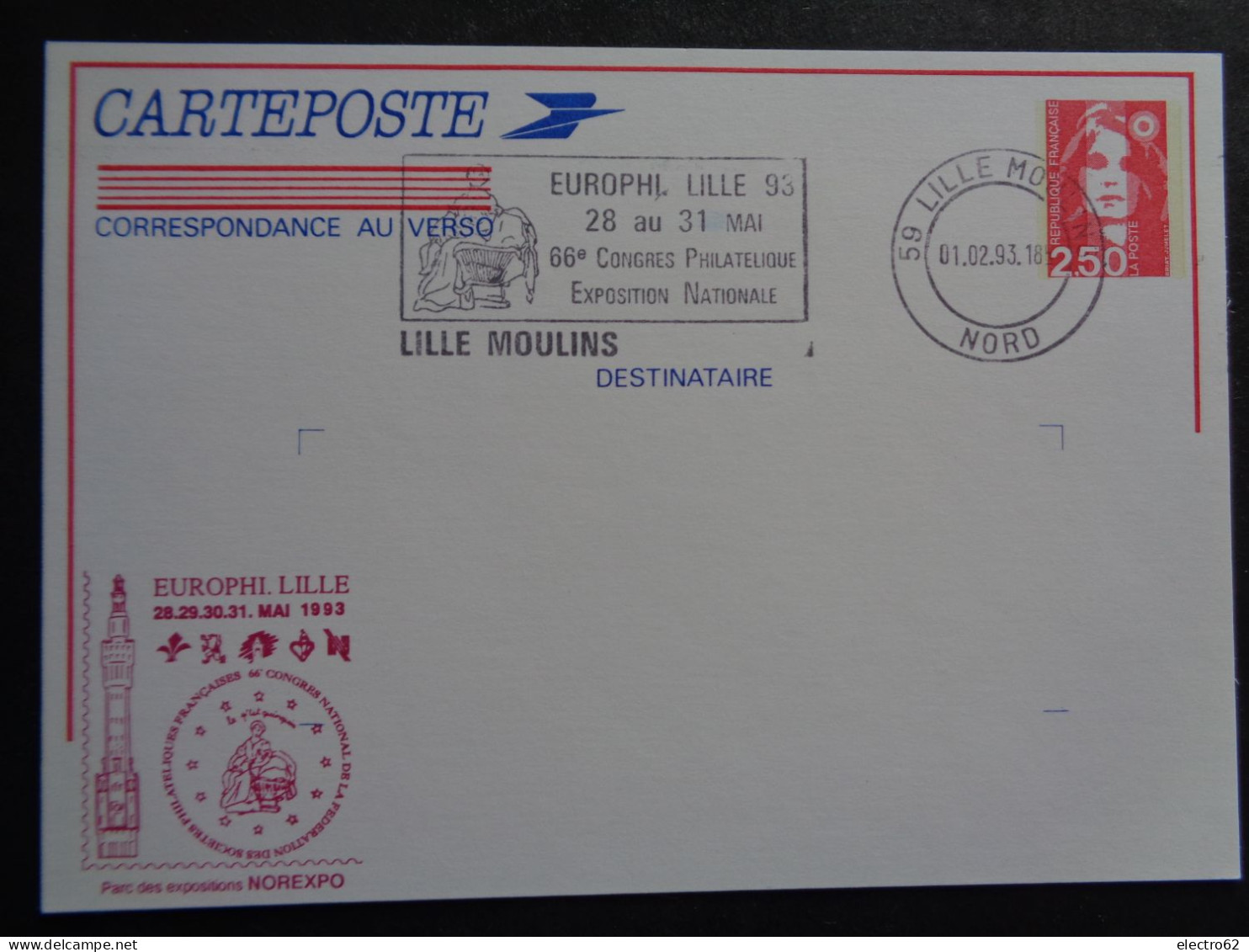 Carteposte 66 Congrés Philatélique Exposition Nationale Lille Moulins NOREXPO Marianne Briat Bicentenaire 1993 - Philatelic Exhibitions