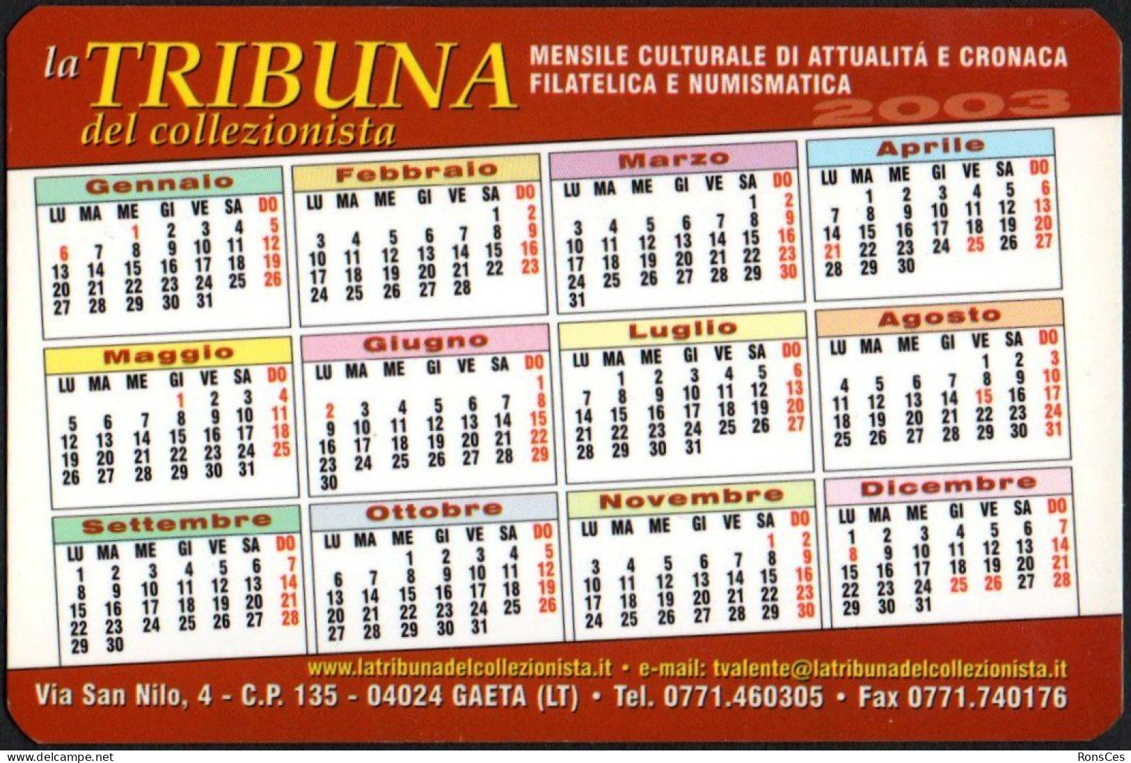 ITALIA 2003 - CALENDARIO TASCABILE - LA TRIBUNA DEL COLLEZIONISTA - NATALE 2002 - ANGELS CELEBRATE JESUS BIRTH - I - Small : 2001-...