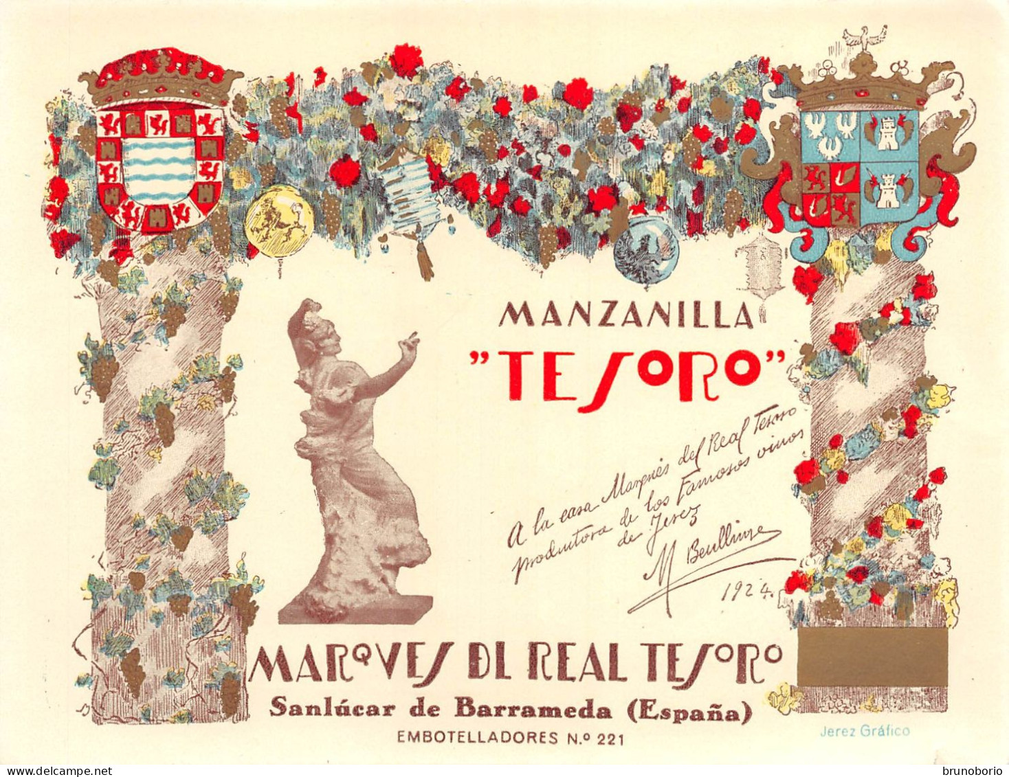 00086 "MANZANILLA TESORO - MARQUES DE REAL TESORO - SANLUCAR DE BARRAMEDA - ESPANA" ETICH ORIG ANIMATA. XX SEC. - Sonstige & Ohne Zuordnung