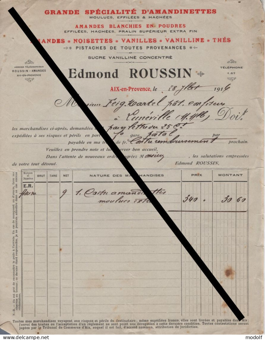 Facture - Edmond Roussin - Amandes - Aix-en-Provence - 1916 - 1900 – 1949