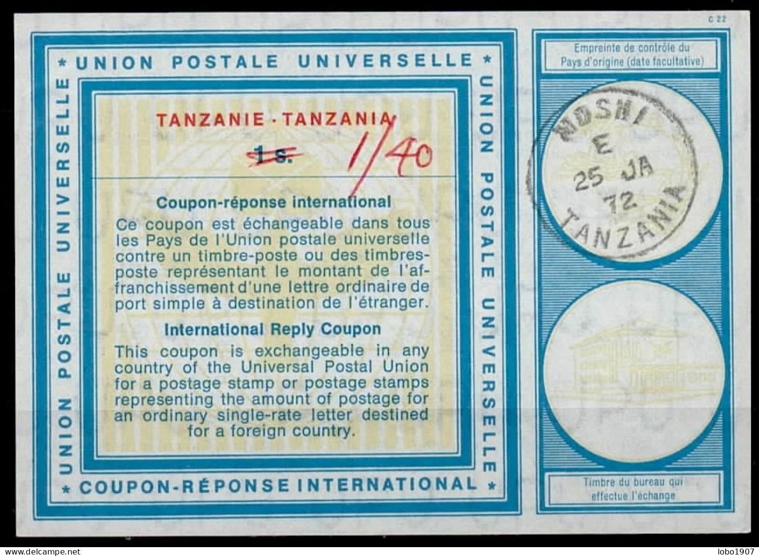 TANZANIE TANZANIA  Vi19  1/40 On 1s.  International Reply Coupon Reponse Antwortschein IRC IAS  MOSCHI 25.01.72 - Tanzania (1964-...)
