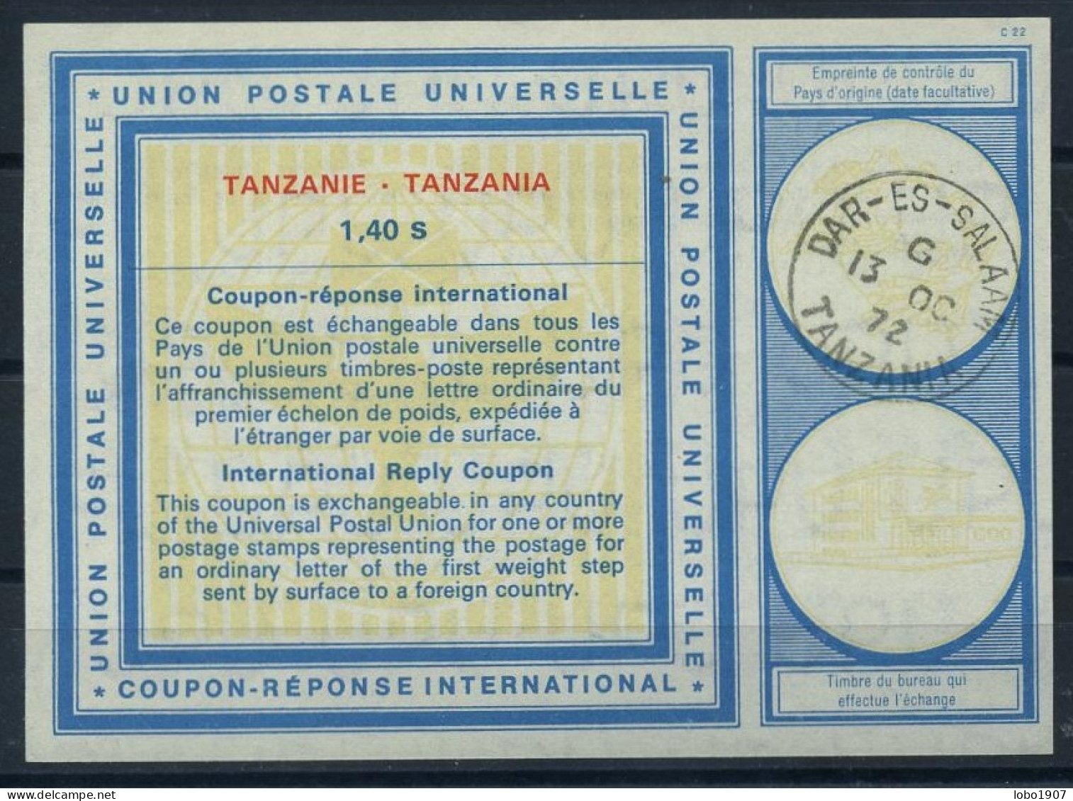 TANZANIE TANZANIA  Vi20  1,40 S  International Reply Coupon Reponse Antwortschein IRC IAS  DAR-ES-SALAAM 13.10.72 - Tanzania (1964-...)