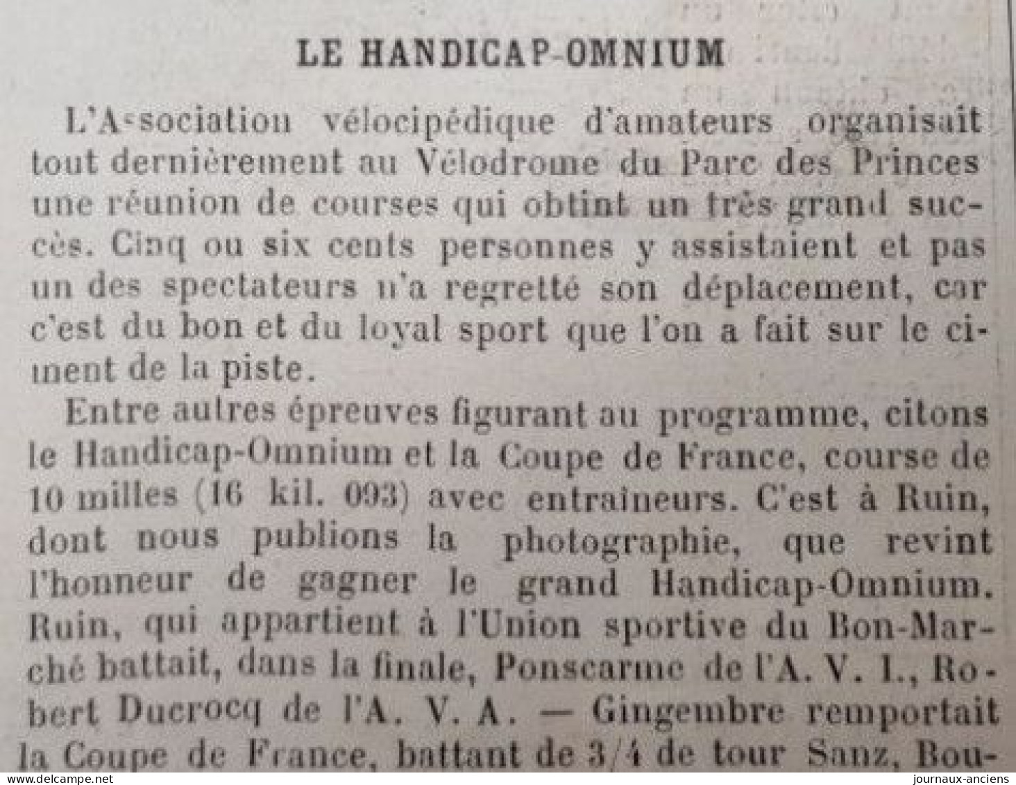 1898 CYCLISME - LE HANDICAP OMNIUM - RUIN ( UNION SPORTIVE DU BON MARCHÉ ) VÉLODROME DU PARC DES PRINCES - Zeitschriften - Vor 1900