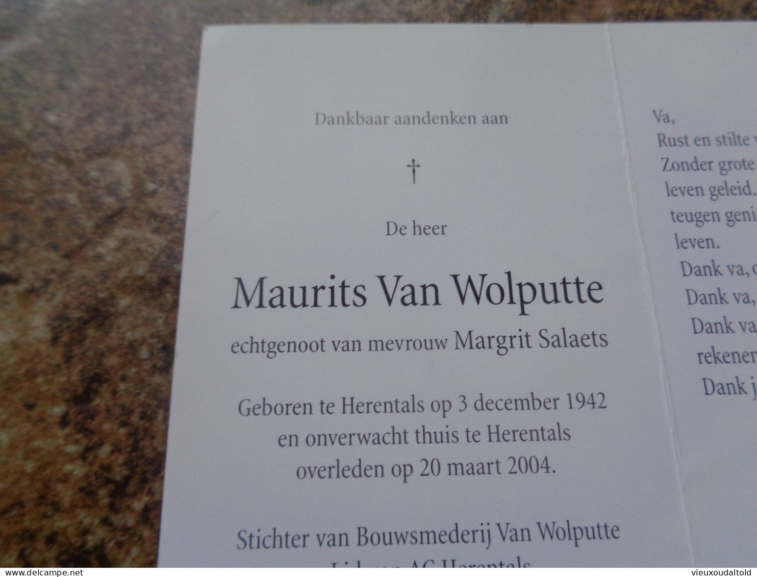 Doodsprentje/Bidprentje Maurits Van Wolputte   Herentals 1942-2004  (Echtg Margrit Salaets) - Religion & Esotérisme