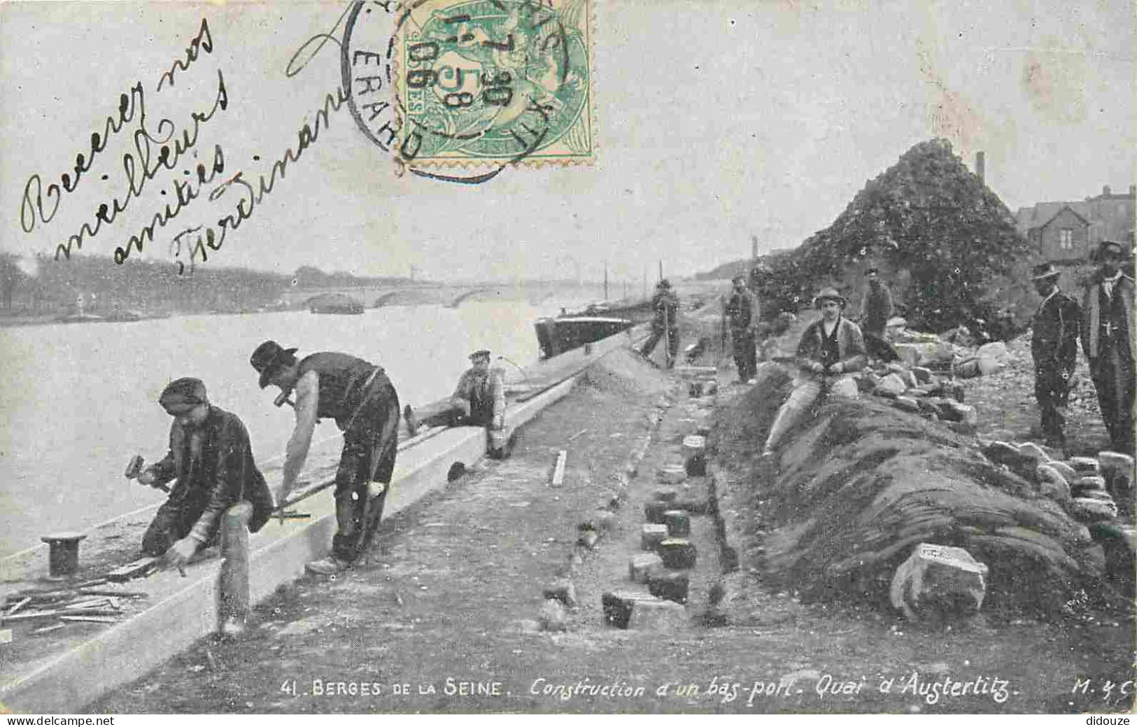 75 - Paris - Berges De La Seine - Construction D'un Bas-port Quai D'Austerlitz - Animée - CPA - Oblitération Ronde De 19 - La Seine Et Ses Bords